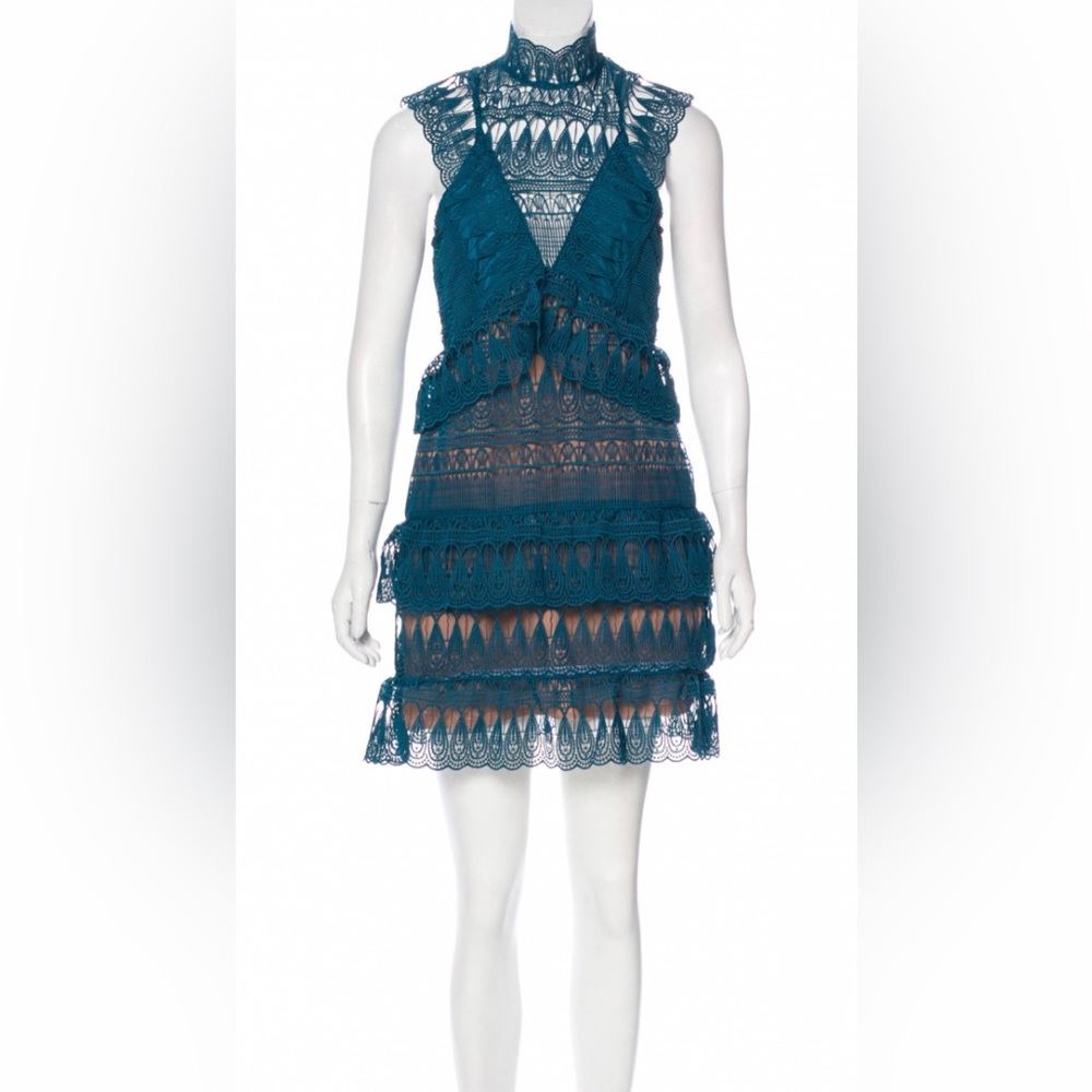 NEW SELF PORTRAIT GUIPURE LACE TEAL TIERED PARTY DRESS NWT! - Picture 5 of 8